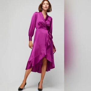 White House Black Market Long Sleeve Satin Ruffle Wrap Dress Size 8